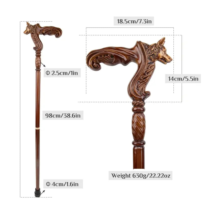 Canne en bois sculpté tête de loup - Loup - canne de marche