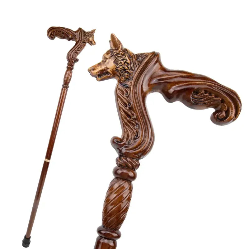 Canne en bois sculpté tête de loup - Loup - canne de marche - vue de trois quarts (2)
