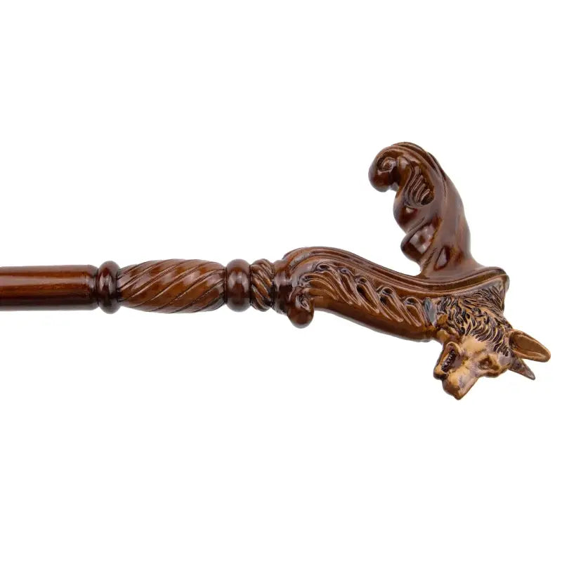Canne en bois sculpté tête de loup - Loup - canne de marche - détail du fût
