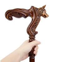 Canne en bois sculpté tête de loup - Loup - canne de marche - vue de profil