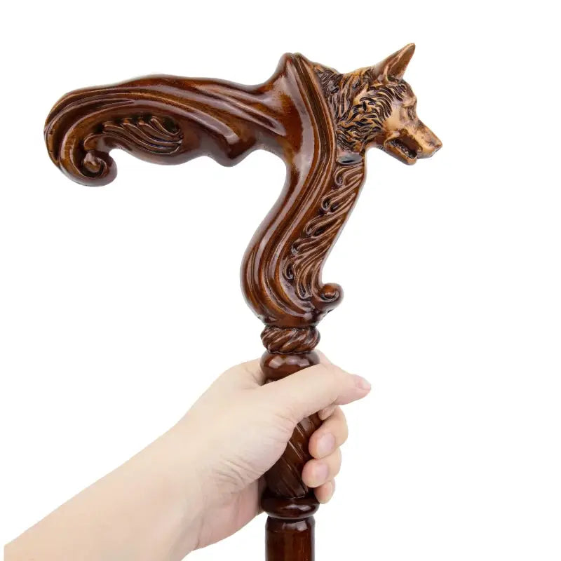 Canne en bois sculpté tête de loup - Loup - canne de marche - vue de profil